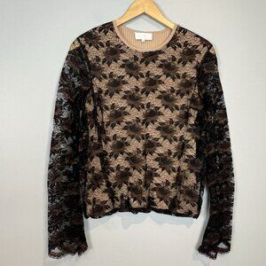 Simultaneous Black Tan Ribbed Sweater Italian 44 U.S. Size Medium Lace Sleeves